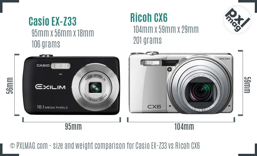 Casio EX-Z33 vs Ricoh CX6 size comparison