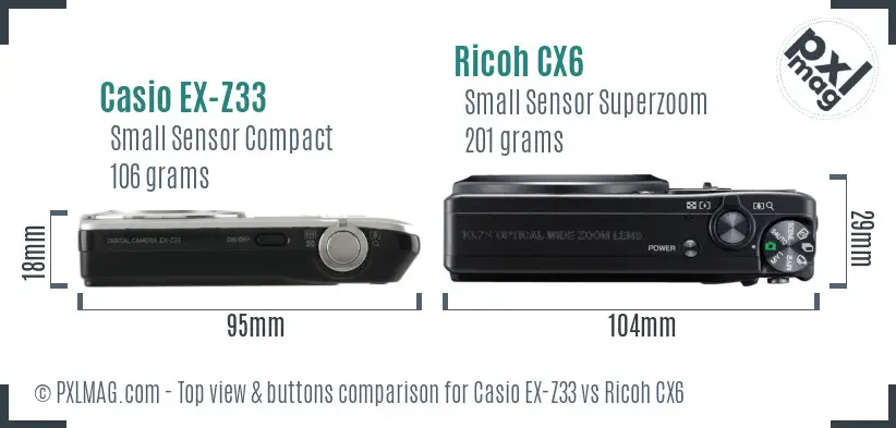 Casio EX-Z33 vs Ricoh CX6 top view buttons comparison