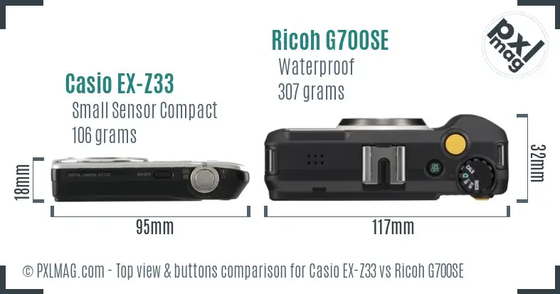 Casio EX-Z33 vs Ricoh G700SE top view buttons comparison