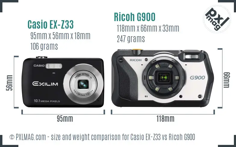 Casio EX-Z33 vs Ricoh G900 size comparison