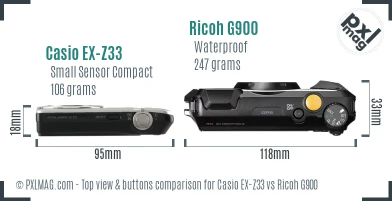 Casio EX-Z33 vs Ricoh G900 top view buttons comparison