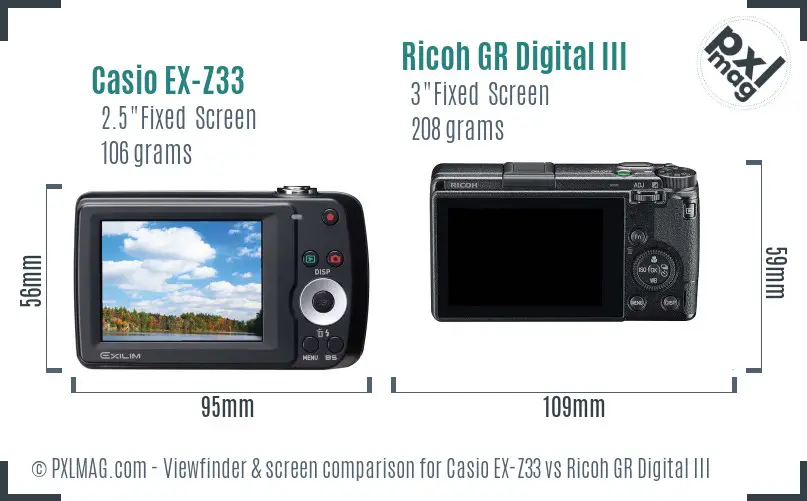 Casio EX-Z33 vs Ricoh GR Digital III Screen and Viewfinder comparison