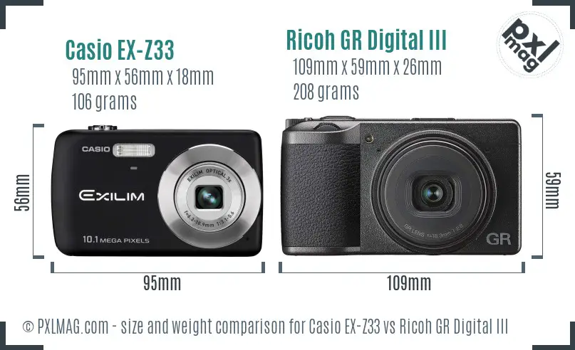 Casio EX-Z33 vs Ricoh GR Digital III size comparison