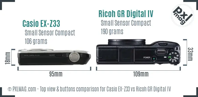 Casio EX-Z33 vs Ricoh GR Digital IV top view buttons comparison