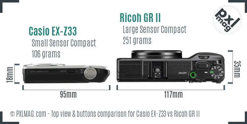Casio EX-Z33 vs Ricoh GR II top view buttons comparison Casio EX-Z33 vs Ricoh GR II top view buttons comparison