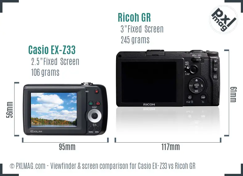 Casio EX-Z33 vs Ricoh GR Screen and Viewfinder comparison