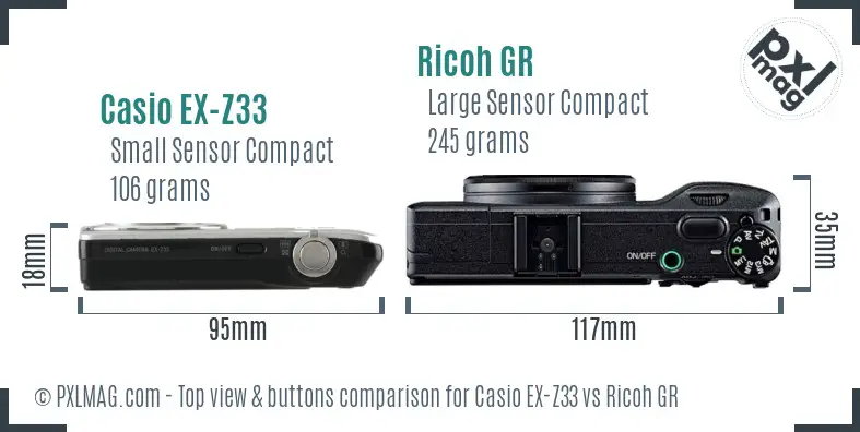 Casio EX-Z33 vs Ricoh GR top view buttons comparison