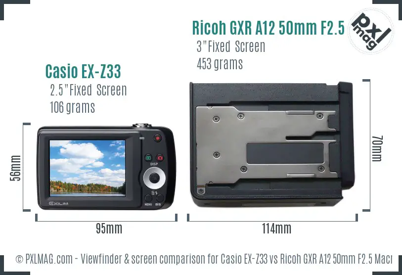 Casio EX-Z33 vs Ricoh GXR A12 50mm F2.5 Macro Screen and Viewfinder comparison