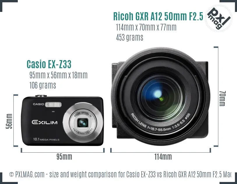 Casio EX-Z33 vs Ricoh GXR A12 50mm F2.5 Macro size comparison