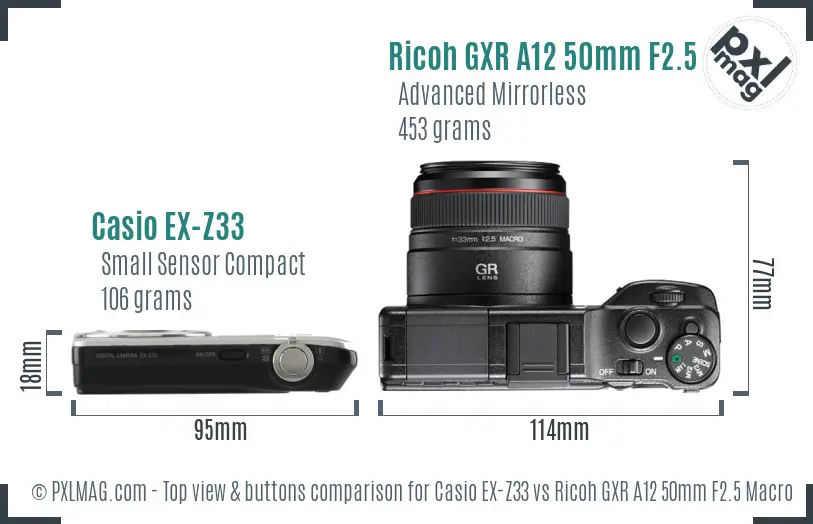 Casio EX-Z33 vs Ricoh GXR A12 50mm F2.5 Macro top view buttons comparison