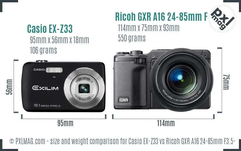 Casio EX-Z33 vs Ricoh GXR A16 24-85mm F3.5-5.5 size comparison Casio EX-Z33 vs Ricoh GXR A16 24-85mm F3.5-5.5 size comparison