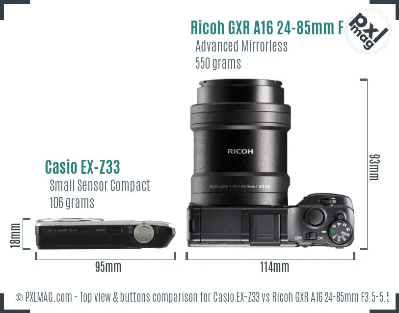 Casio EX-Z33 vs Ricoh GXR A16 24-85mm F3.5-5.5 top view buttons comparison Casio EX-Z33 vs Ricoh GXR A16 24-85mm F3.5-5.5 top view buttons comparison