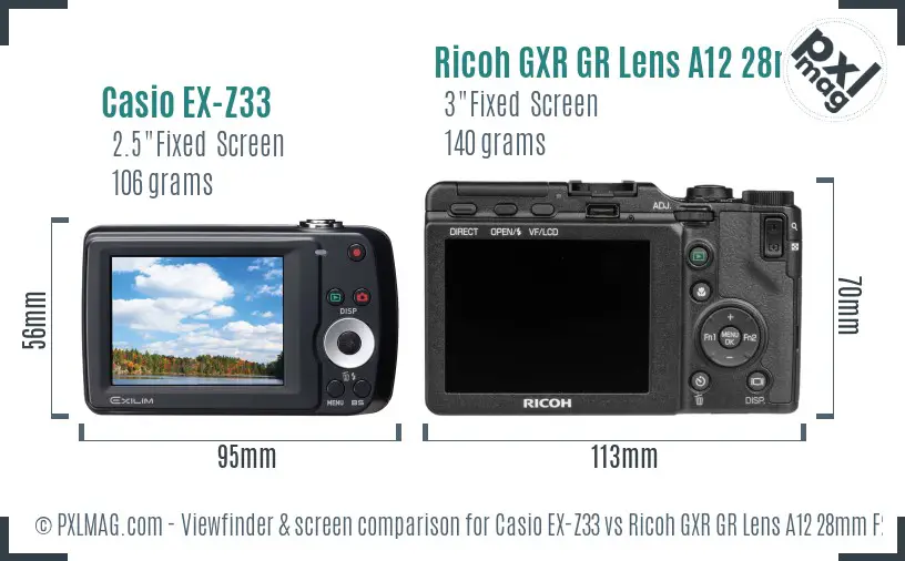 Casio EX-Z33 vs Ricoh GXR GR Lens A12 28mm F2.5 Screen and Viewfinder comparison