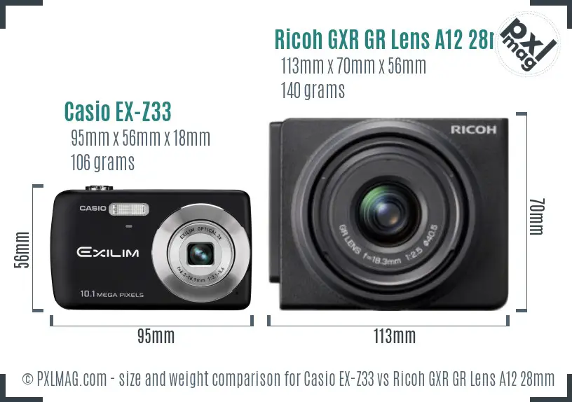 Casio EX-Z33 vs Ricoh GXR GR Lens A12 28mm F2.5 size comparison