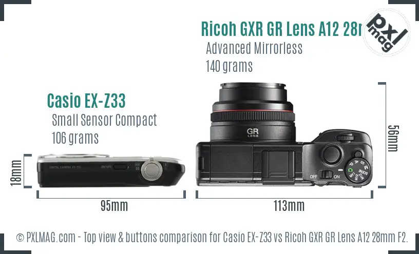 Casio EX-Z33 vs Ricoh GXR GR Lens A12 28mm F2.5 top view buttons comparison