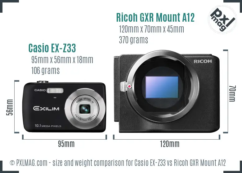 Casio EX-Z33 vs Ricoh GXR Mount A12 size comparison