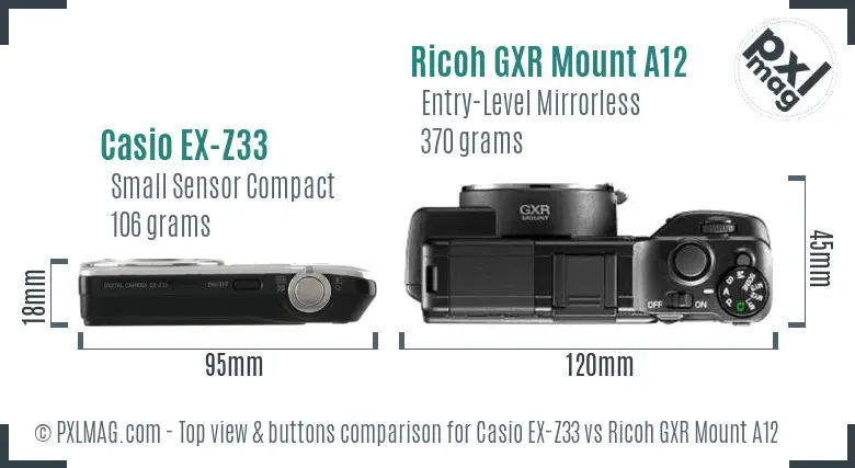 Casio EX-Z33 vs Ricoh GXR Mount A12 top view buttons comparison