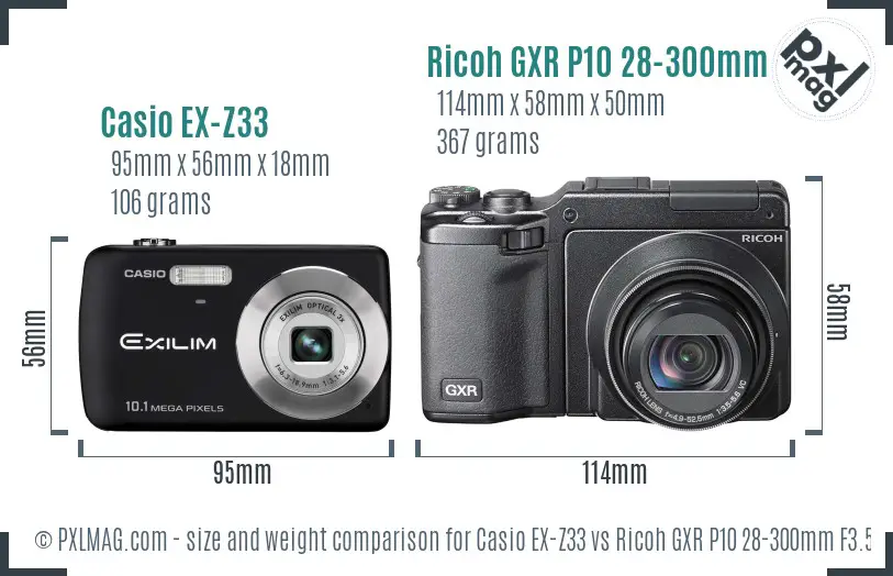 Casio EX-Z33 vs Ricoh GXR P10 28-300mm F3.5-5.6 VC size comparison Casio EX-Z33 vs Ricoh GXR P10 28-300mm F3.5-5.6 VC size comparison