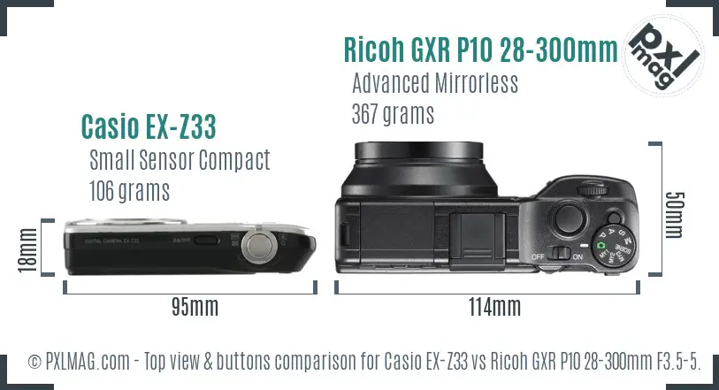 Casio EX-Z33 vs Ricoh GXR P10 28-300mm F3.5-5.6 VC top view buttons comparison