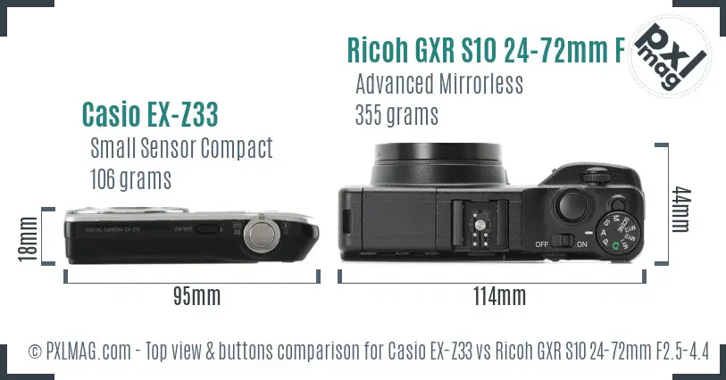 Casio EX-Z33 vs Ricoh GXR S10 24-72mm F2.5-4.4 VC top view buttons comparison Casio EX-Z33 vs Ricoh GXR S10 24-72mm F2.5-4.4 VC top view buttons comparison