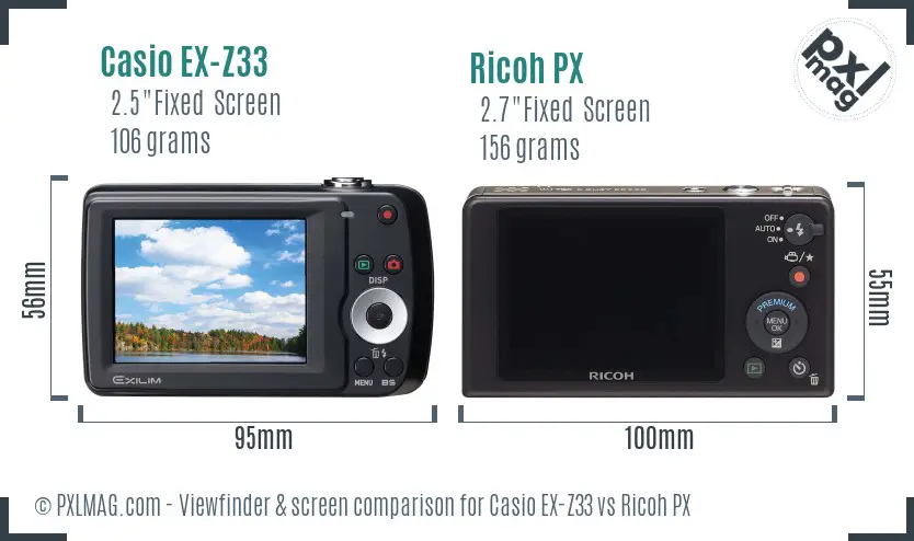 Casio EX-Z33 vs Ricoh PX Screen and Viewfinder comparison