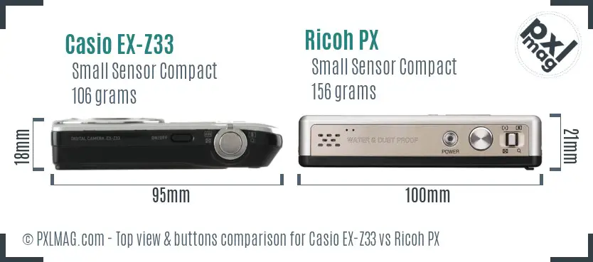 Casio EX-Z33 vs Ricoh PX top view buttons comparison