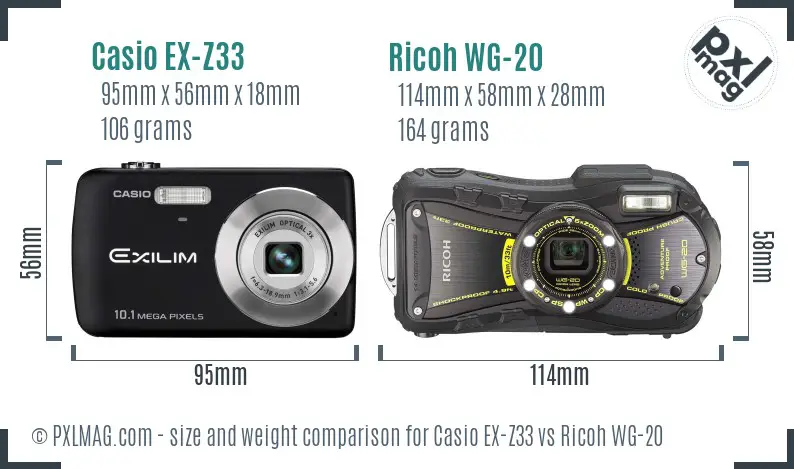 Casio EX-Z33 vs Ricoh WG-20 size comparison