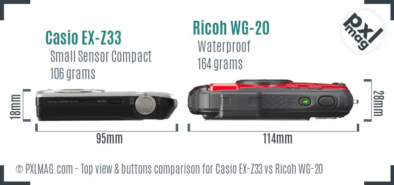 Casio EX-Z33 vs Ricoh WG-20 top view buttons comparison