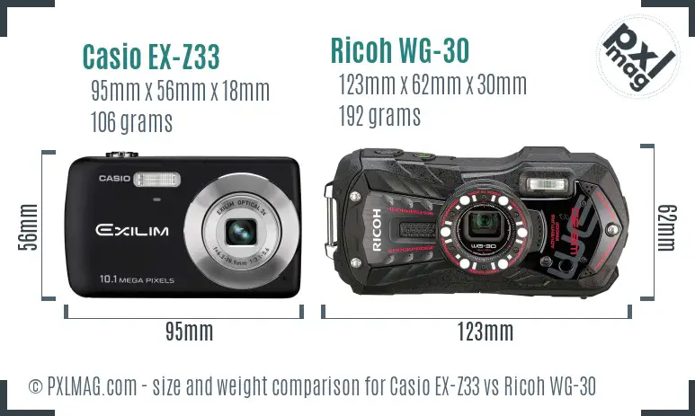 Casio EX-Z33 vs Ricoh WG-30 size comparison