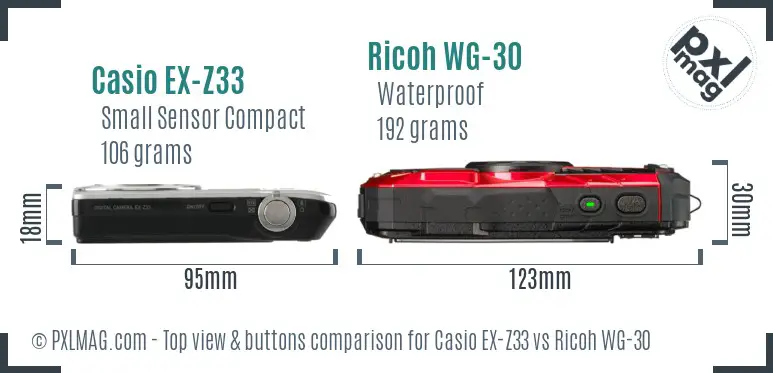 Casio EX-Z33 vs Ricoh WG-30 top view buttons comparison