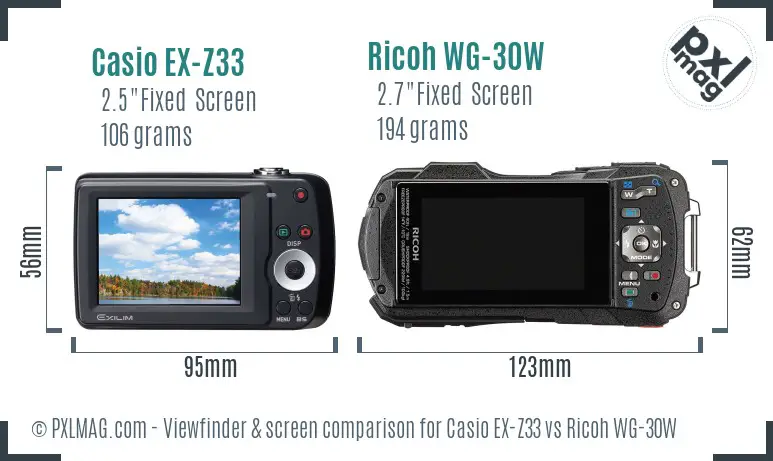 Casio EX-Z33 vs Ricoh WG-30W Screen and Viewfinder comparison