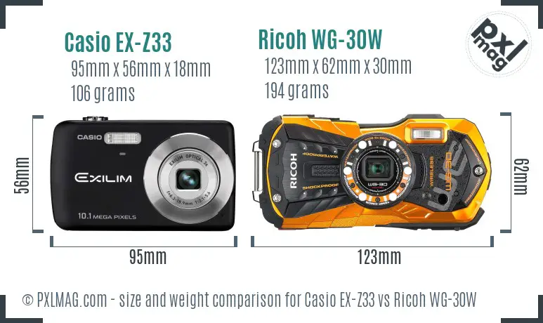 Casio EX-Z33 vs Ricoh WG-30W size comparison