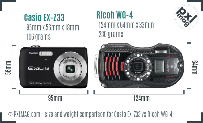 Casio EX-Z33 vs Ricoh WG-4 size comparison