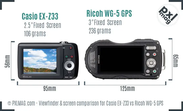 Casio EX-Z33 vs Ricoh WG-5 GPS Screen and Viewfinder comparison