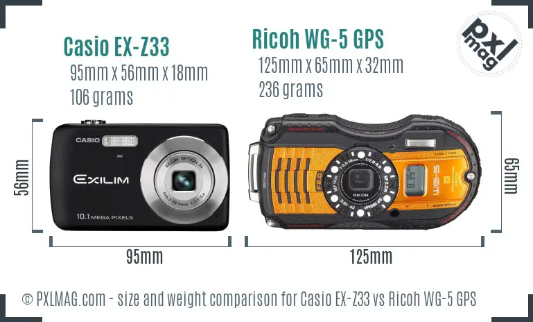 Casio EX-Z33 vs Ricoh WG-5 GPS size comparison