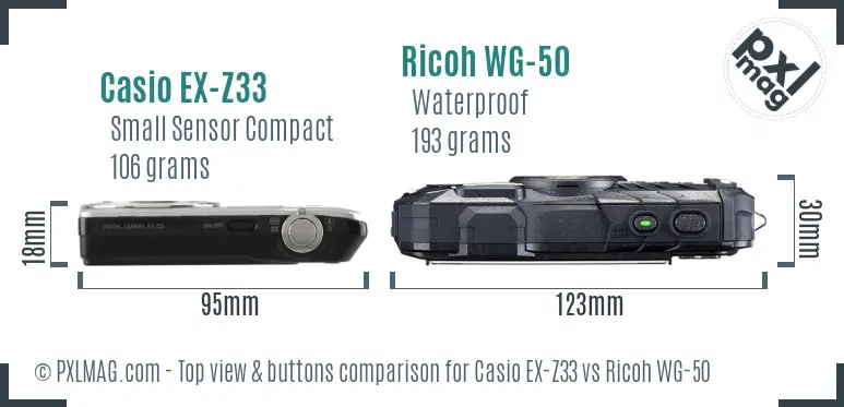 Casio EX-Z33 vs Ricoh WG-50 top view buttons comparison Casio EX-Z33 vs Ricoh WG-50 top view buttons comparison