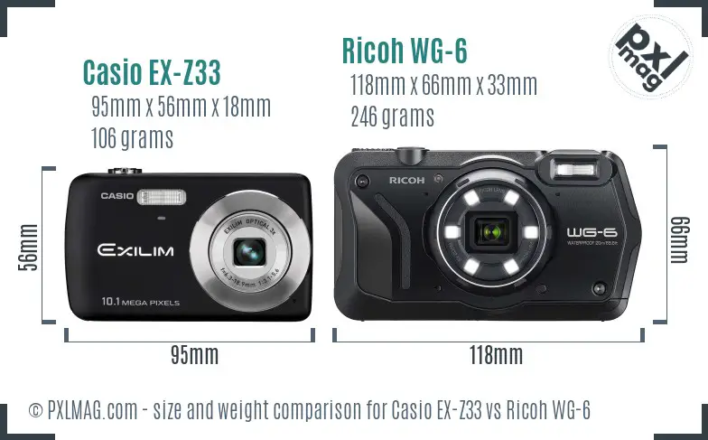 Casio EX-Z33 vs Ricoh WG-6 size comparison