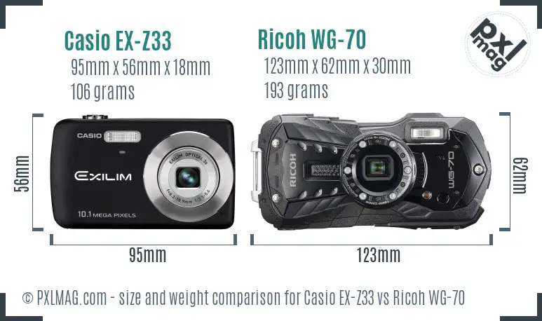 Casio EX-Z33 vs Ricoh WG-70 size comparison