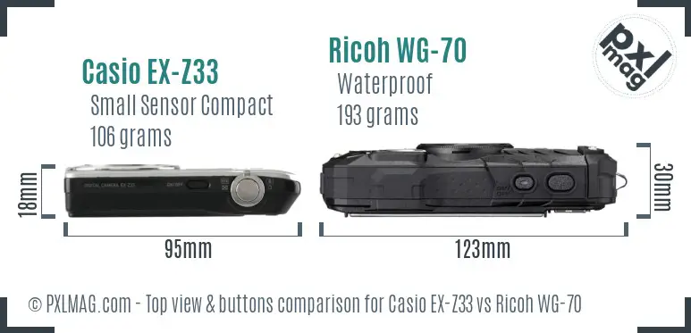 Casio EX-Z33 vs Ricoh WG-70 top view buttons comparison