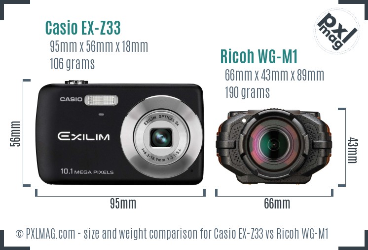 Casio EX-Z33 vs Ricoh WG-M1 size comparison