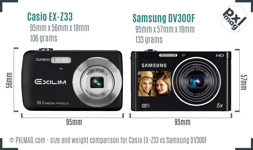 Casio EX-Z33 vs Samsung DV300F size comparison