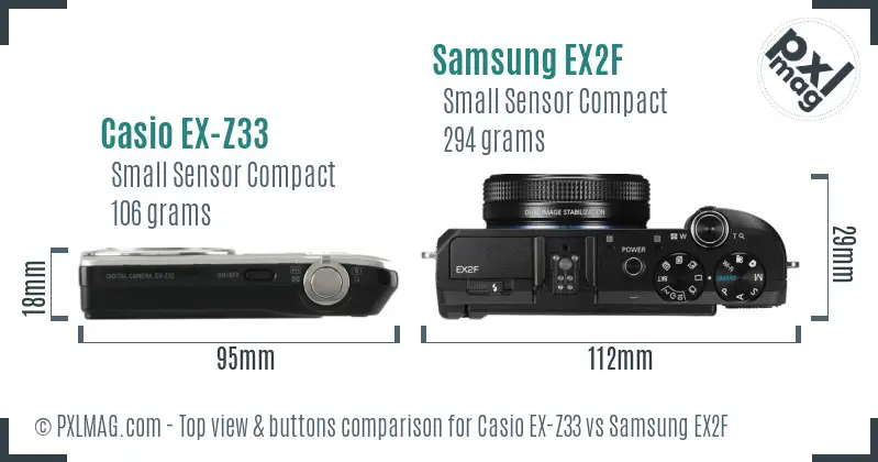 Casio EX-Z33 vs Samsung EX2F top view buttons comparison