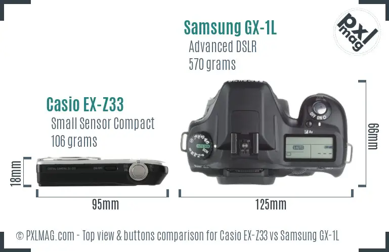 Casio EX-Z33 vs Samsung GX-1L top view buttons comparison