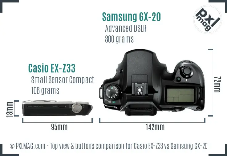 Casio EX-Z33 vs Samsung GX-20 top view buttons comparison