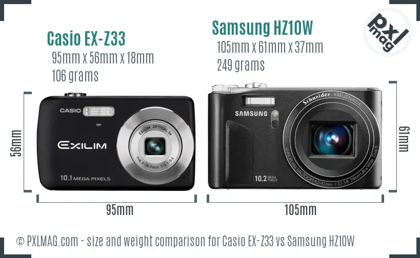 Casio EX-Z33 vs Samsung HZ10W size comparison
