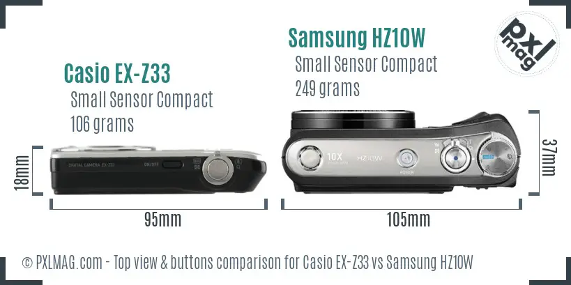 Casio EX-Z33 vs Samsung HZ10W top view buttons comparison