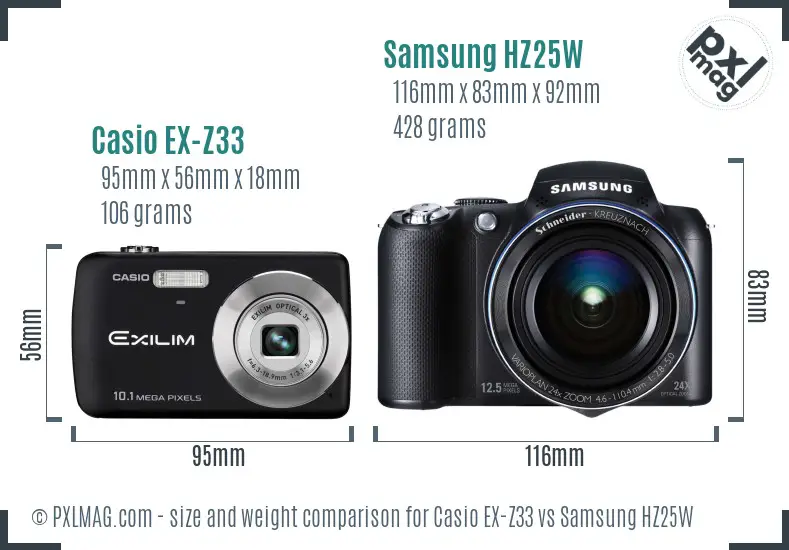 Casio EX-Z33 vs Samsung HZ25W size comparison
