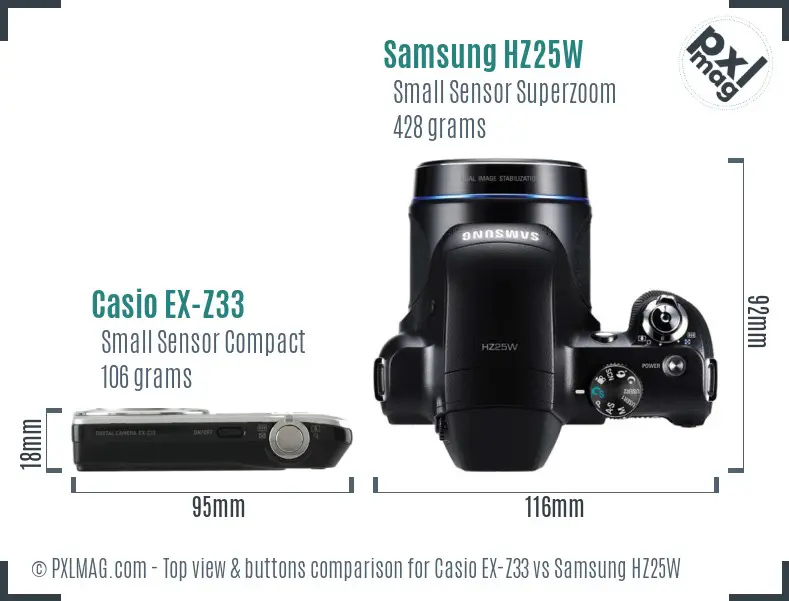 Casio EX-Z33 vs Samsung HZ25W top view buttons comparison