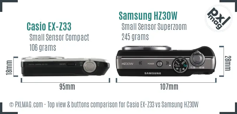 Casio EX-Z33 vs Samsung HZ30W top view buttons comparison