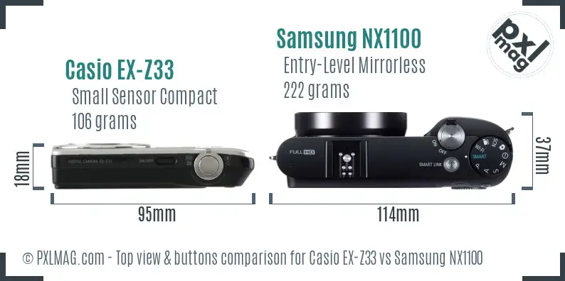 Casio EX-Z33 vs Samsung NX1100 top view buttons comparison